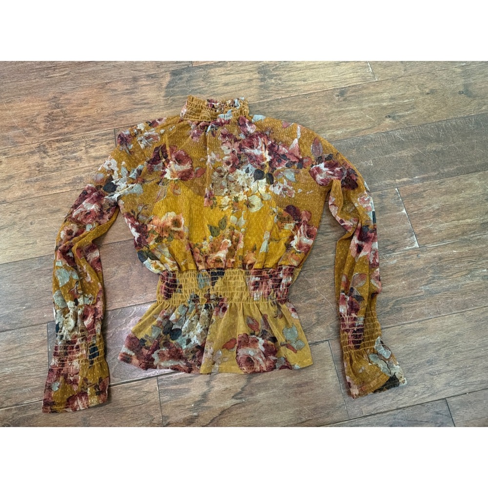 KAII Mustard Yellow Floral Mesh‎ Mock Neck Smocked Peplum Top Small Womens